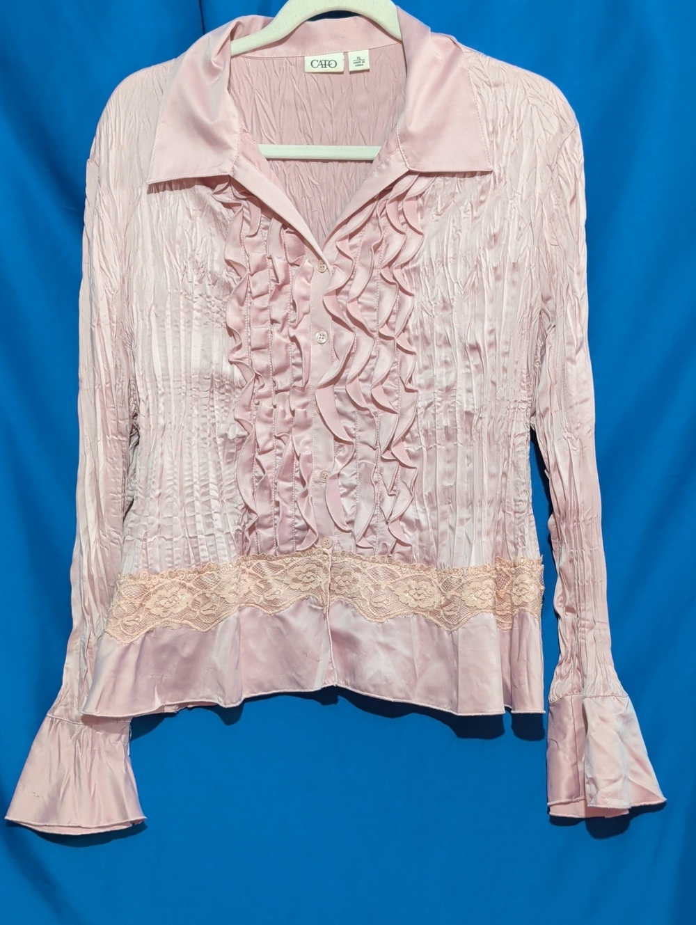 Cato Light Pink Ruffled Satin-Look Blouse with Lace Trim